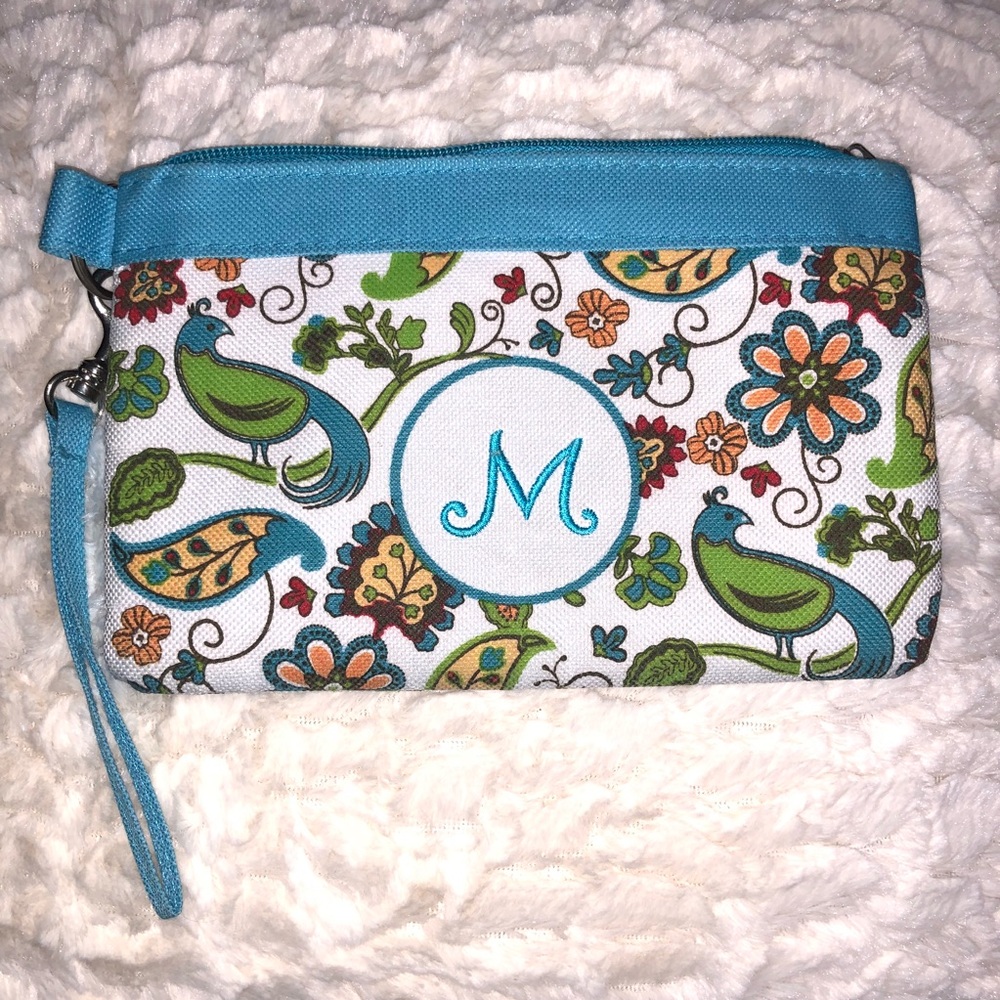 Cute Bird and flower wristlet with embroidered M